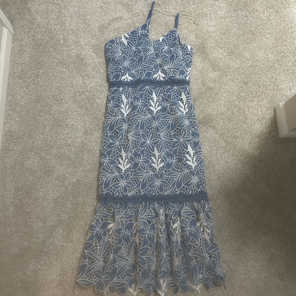 Petal & Pup One Shoulder Blue and White Dress